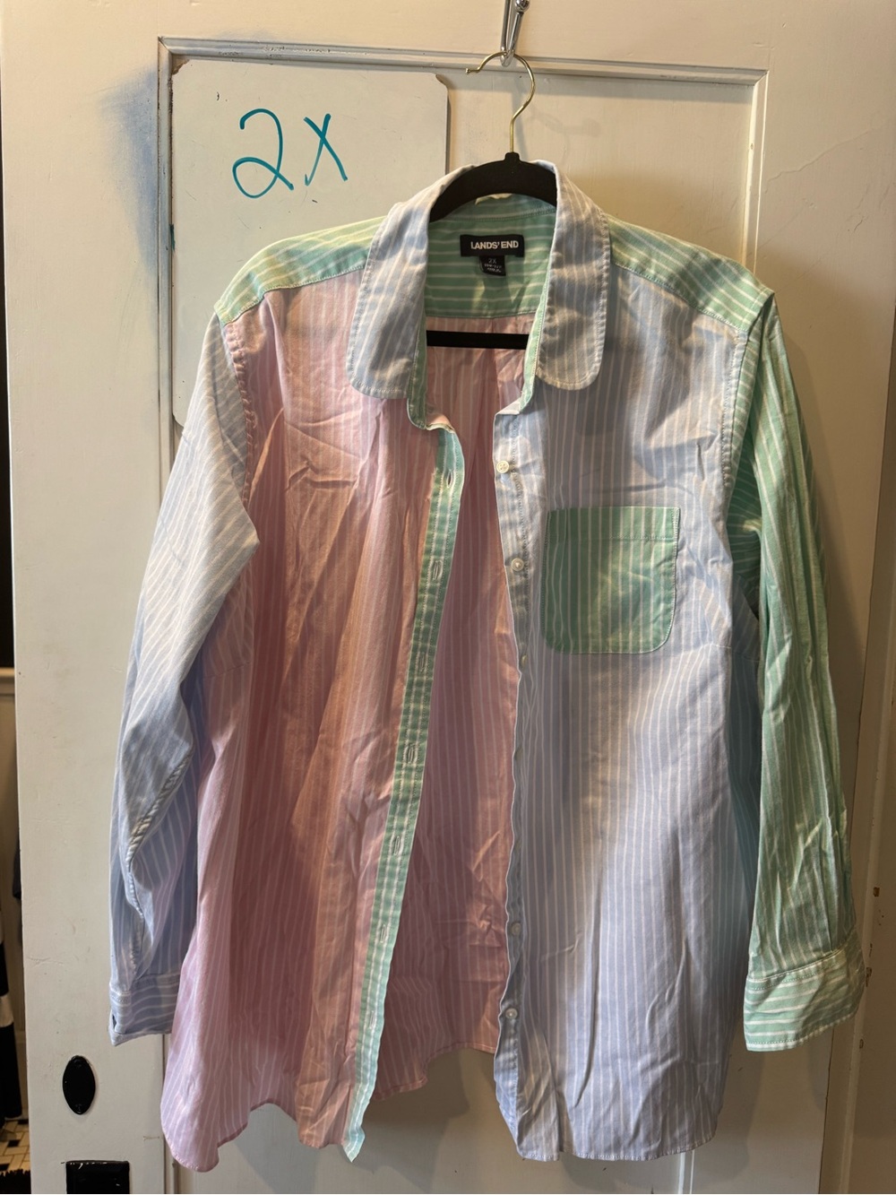 Lands' End Pastel Patchwork Stripe Button-Down Shirt - Pink, Blue, Green
